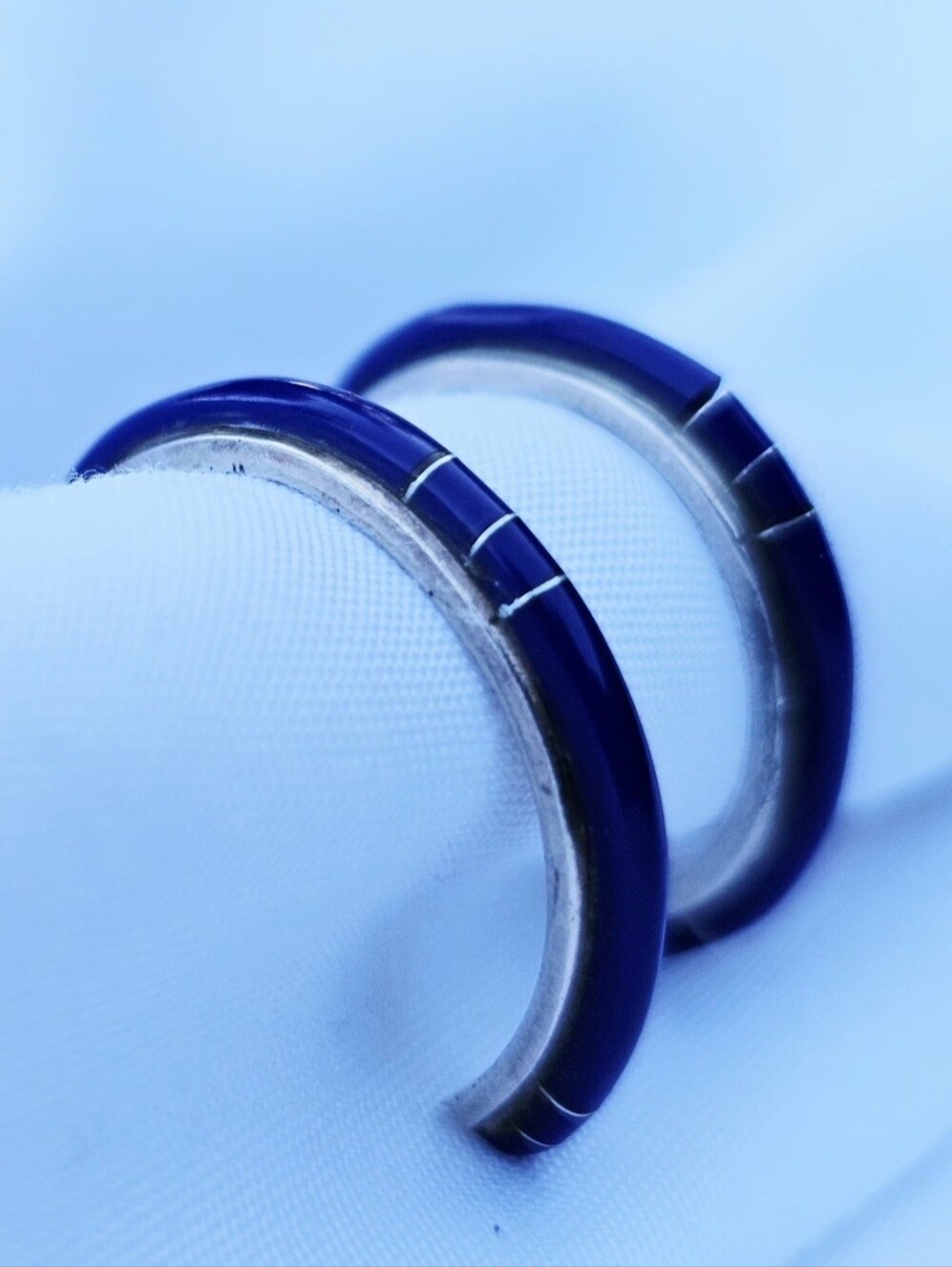 Vintage Southwestern Sterling Silver Lapis Lazuli Channel Inlay Hoop Earrings